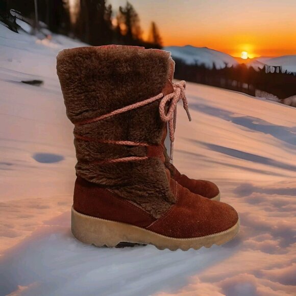 ✅VTG HIPPIE BOOTS BROWN Suede Leather Faux Fur Lining Women's Size 8 *NO INSOLES - Picture 1 of 15
